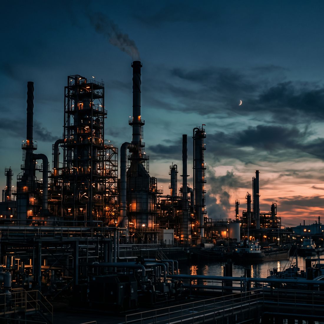 Oil refinery illuminated at dusk