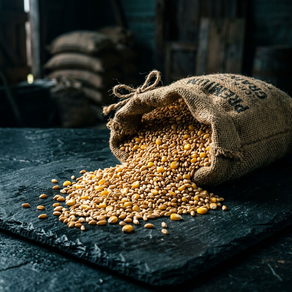 Corn kernels spilling from a burlap sack